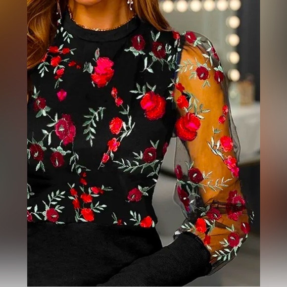 New Pink Floral Embrodiered Organza Sleeved Black Blouse Sz S - Picture 3 of 8